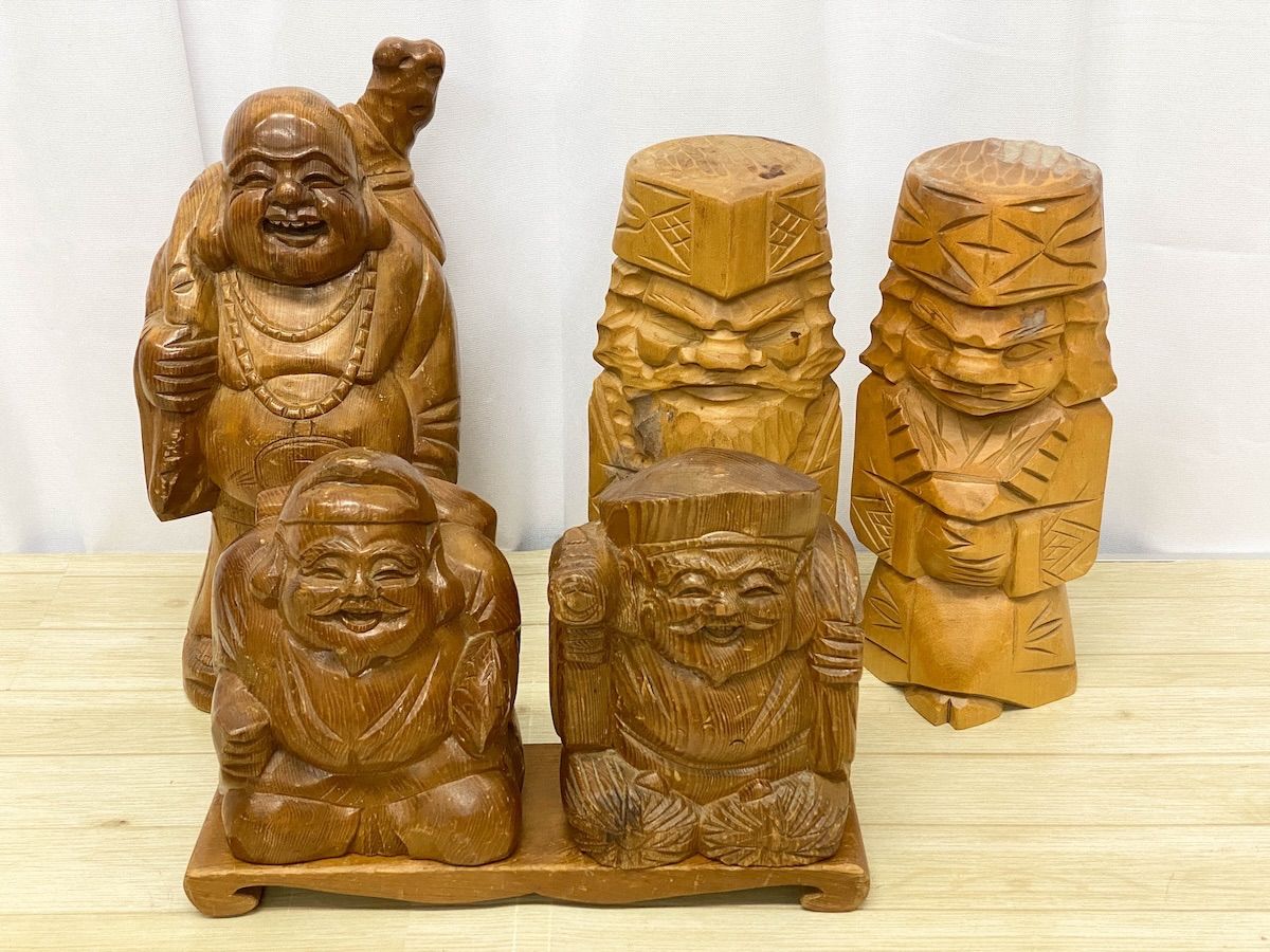 ZK351】木彫り置物 5点セット 七福神 大黒天 布袋尊 恵比寿天 アイヌ 