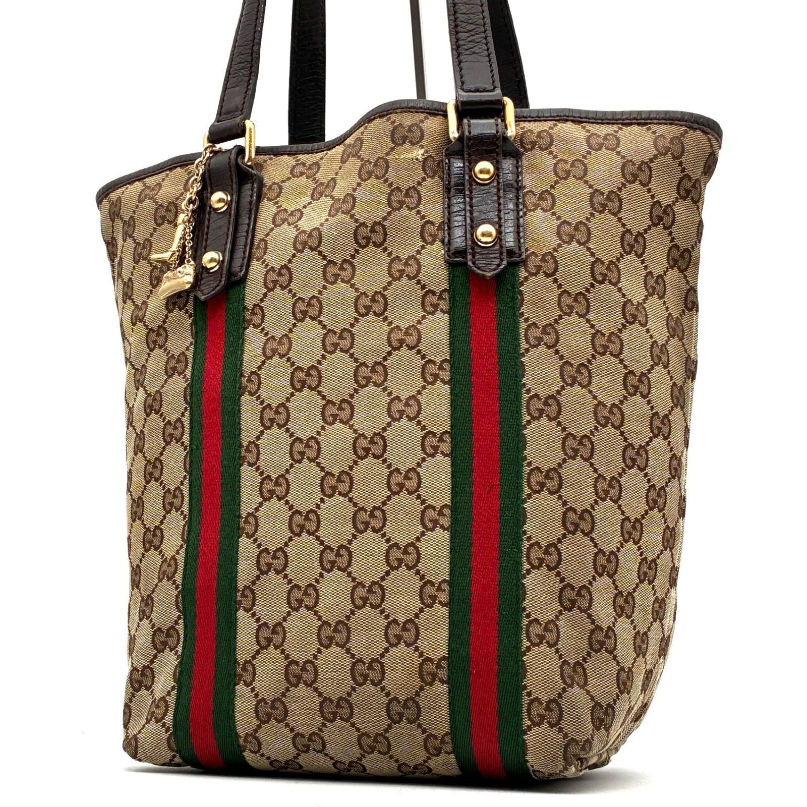 良品 GUCCI グッチ GGキャンバス シェリーライン トートバッグ 