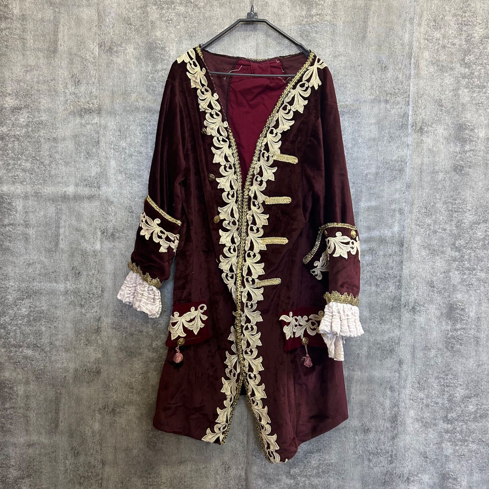 k-337】ハンドメイド ロングコート 刺繍 ベロア調 ワインレッド