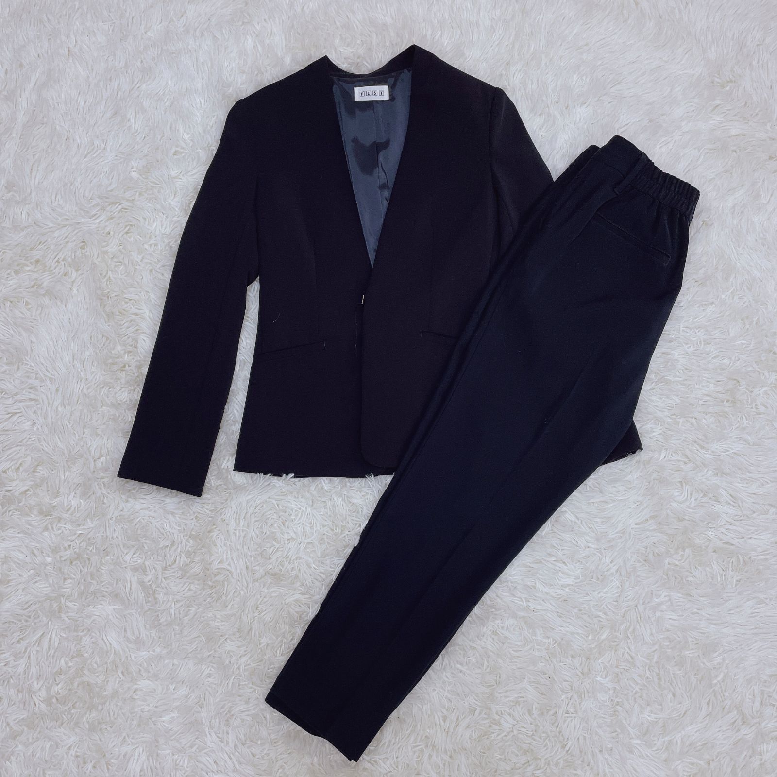 【美品✨洗える】プラステ スーツパンツセット ノーカラージャケット ネイビーXS PLST プラステ セットアップ XS S スーツ パンツ セレモニー オフィス