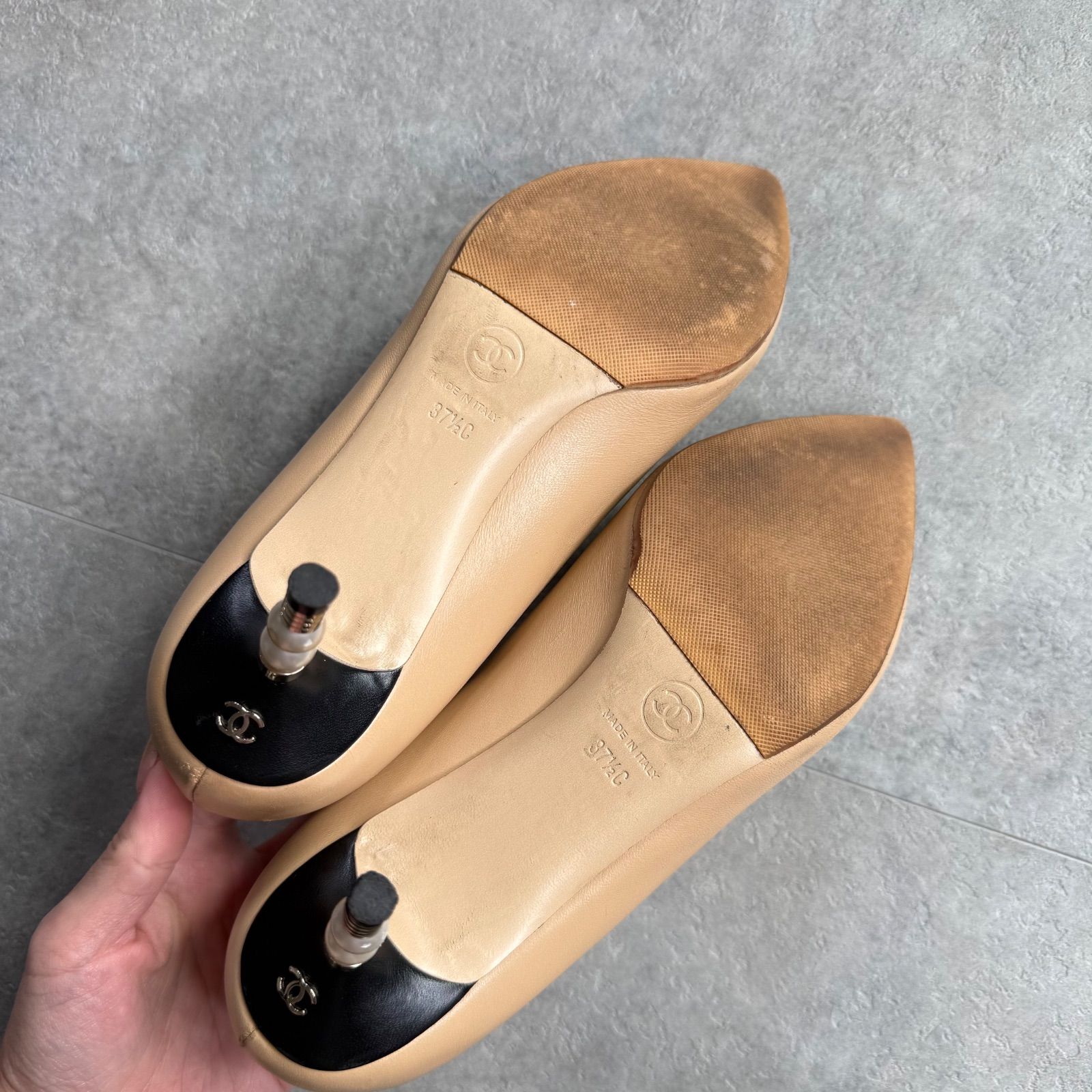 CHANEL シャネル ココマーク パールヒールパンプス レザー ベージュ