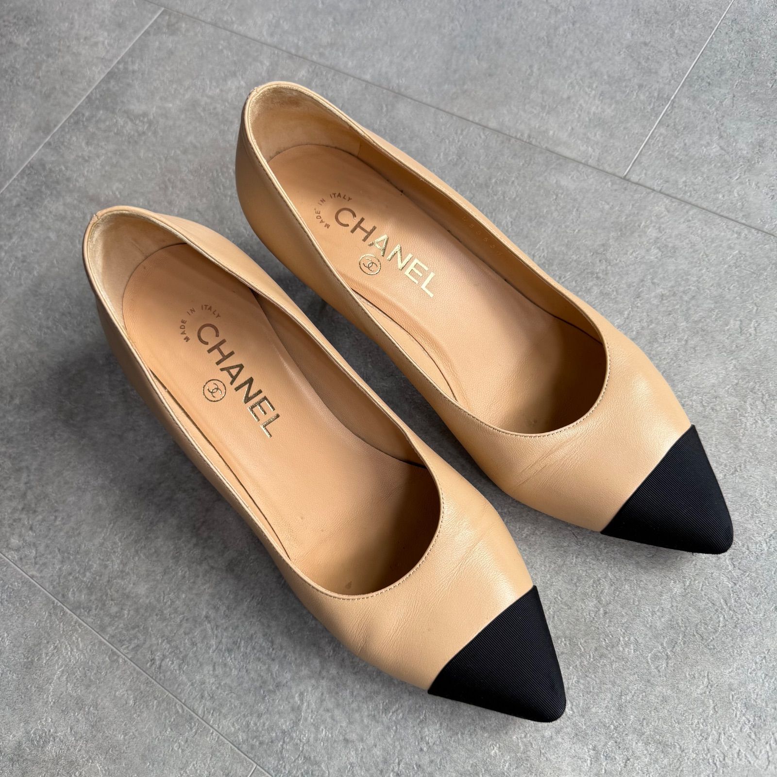 CHANEL シャネル ココマーク パールヒールパンプス レザー ベージュ