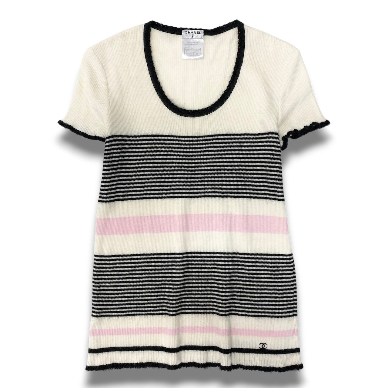 46c24 CHANEL シャネル 半袖ニットセーター 05C カシミヤ混 ボーダー
