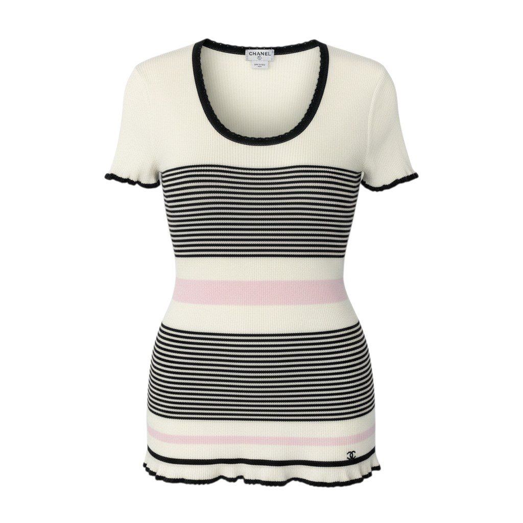 46c24 CHANEL シャネル 半袖ニットセーター 05C カシミヤ混 ボーダー