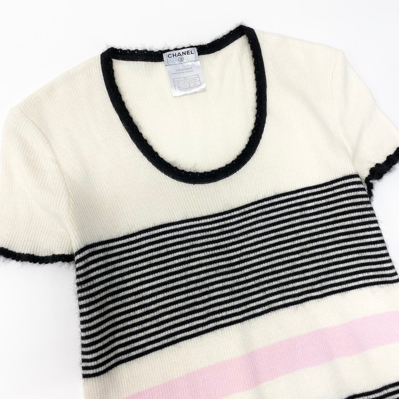 46c24 CHANEL シャネル 半袖ニットセーター 05C カシミヤ混 ボーダー