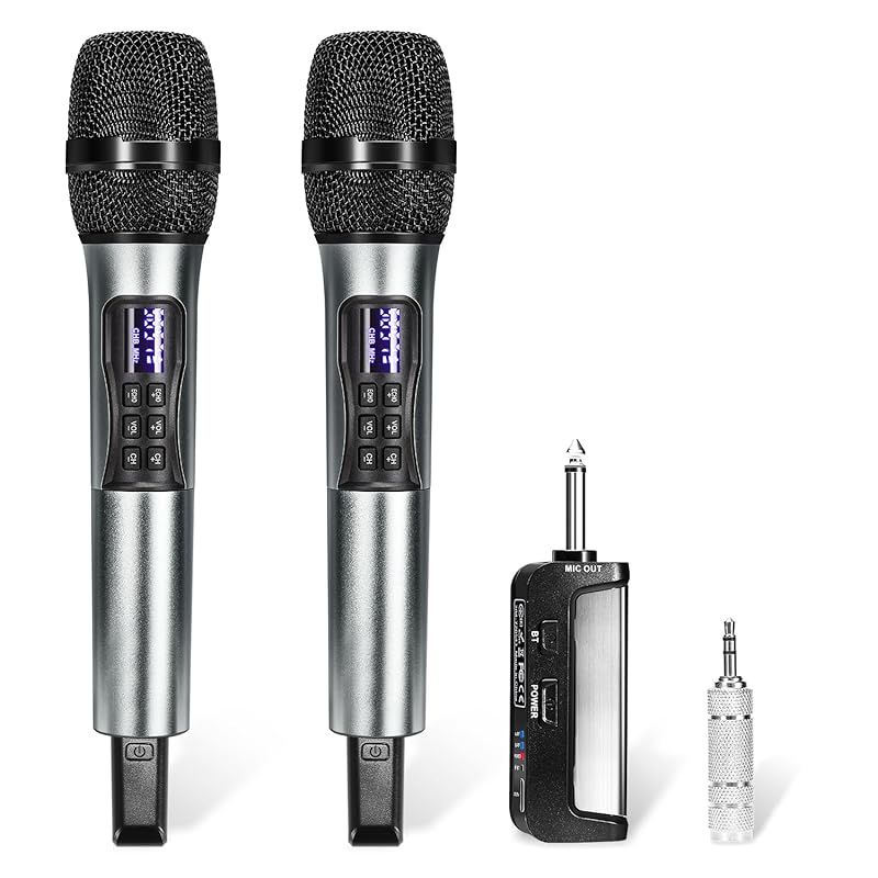 Kithouse ワイヤレスマイク Bluetoothカラオケマイク 2本セット LED ディスプレイ 電池式 UHF 10チャンネル ダイナミックマイク 6.35ｍｍレシーバー ハンドヘルドマイク カラオケまいく 技適認証済 日本語取扱書付き 1