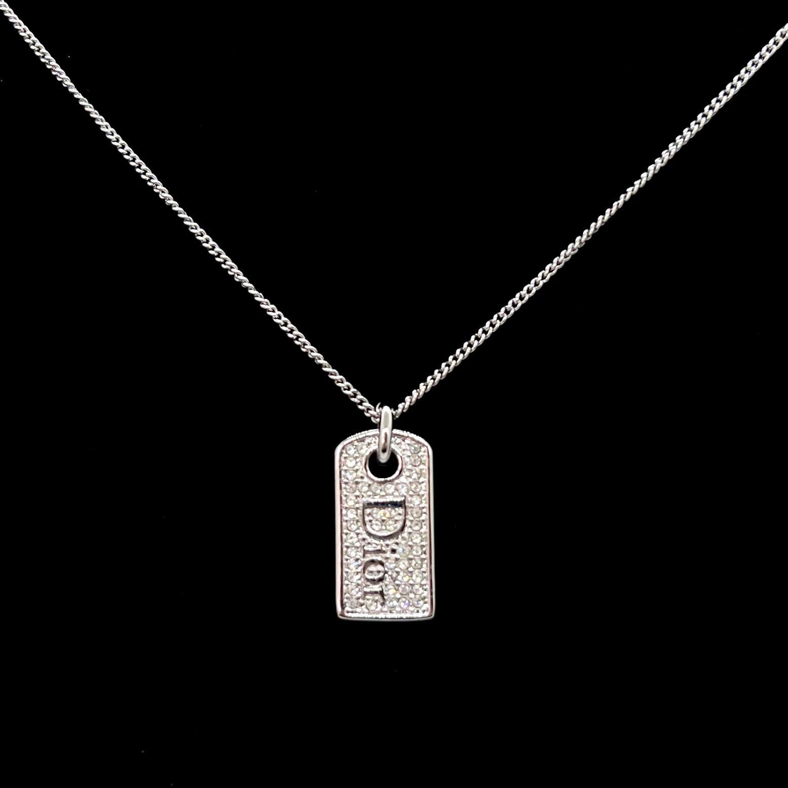 美品★ Christian Dior クリスチャンディオール ネックレス ロゴ プレート ドッグタグ ラインストーン 16,500円