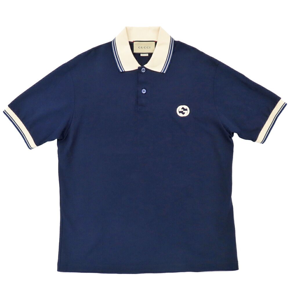 [Nagoya] Gucci Short Sleeve Polo Shirt 768641 Navy Beige GG Patch Medium Navy Blue Mens Apparel