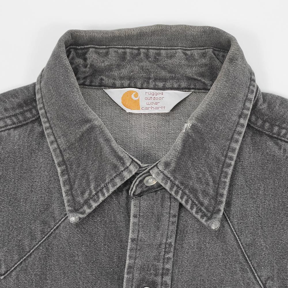 80s 三角タグ カーハート ブラック デニムシャツ L-XL ウエスタンシャツ カーハート Carhartt 80s 90s 80-90年代 先染めブラックデニム