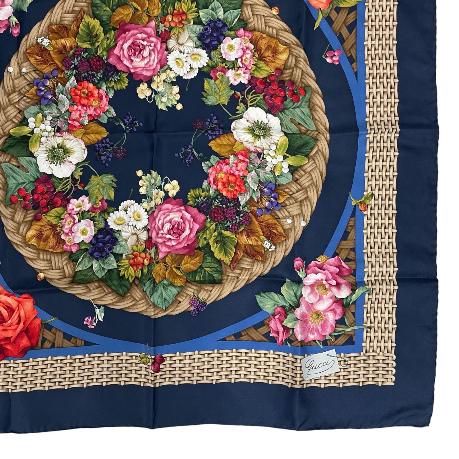 極美品 GUCCI グッチ スカーフ シルク バスケット柄 フラワーリース 花