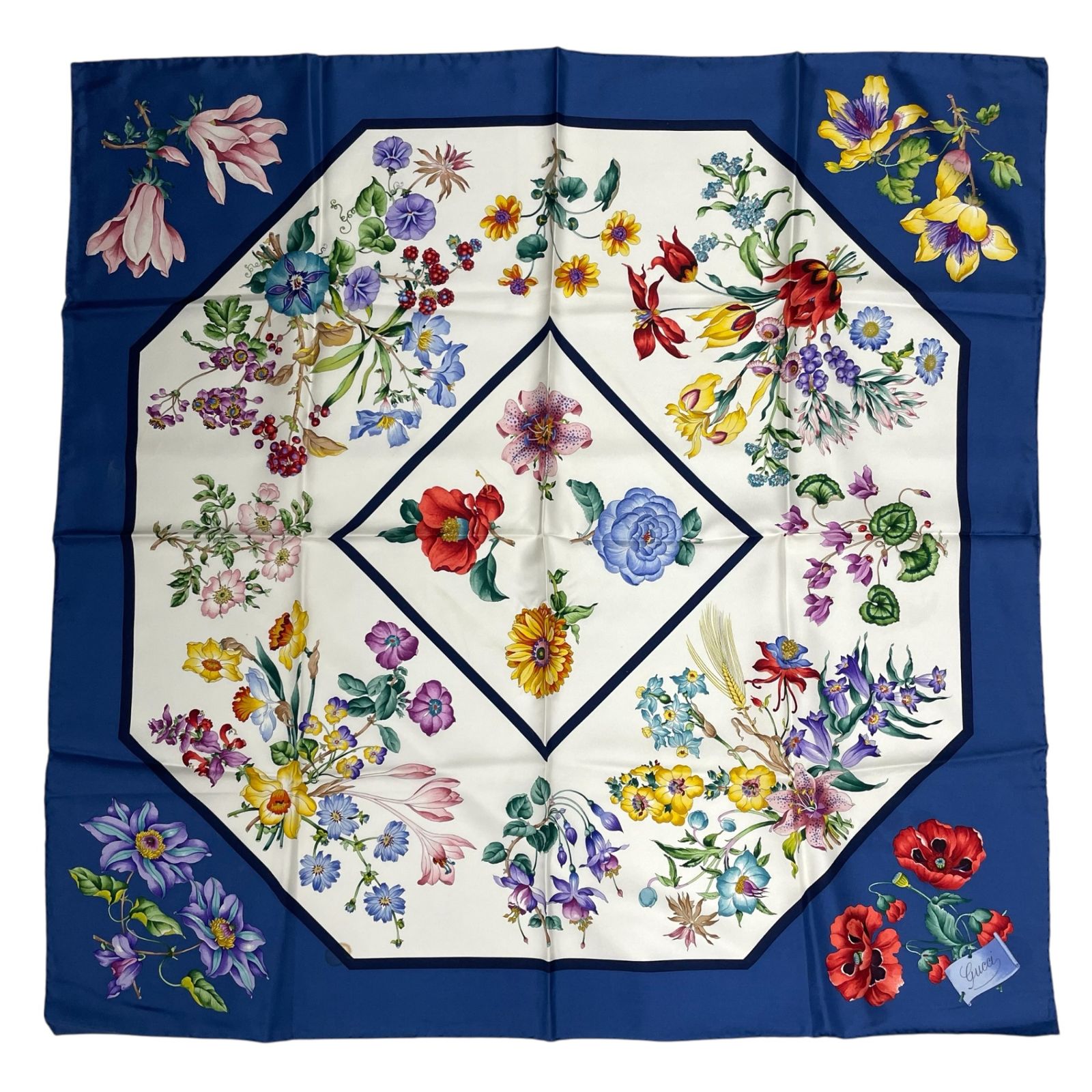【極美品/希少】GUCCI グッチ スカーフ シルク 花柄 カリグラフィー 茶 極美品 GUCCI グッチ スカーフ シルク フローラ 花柄 ブルー 箱付き