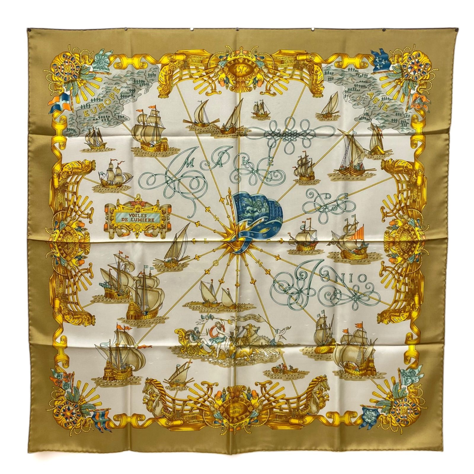 エルメス カレ90 VOILES DE LUMIERE シルクスカーフ 光の帆船 ベージュ