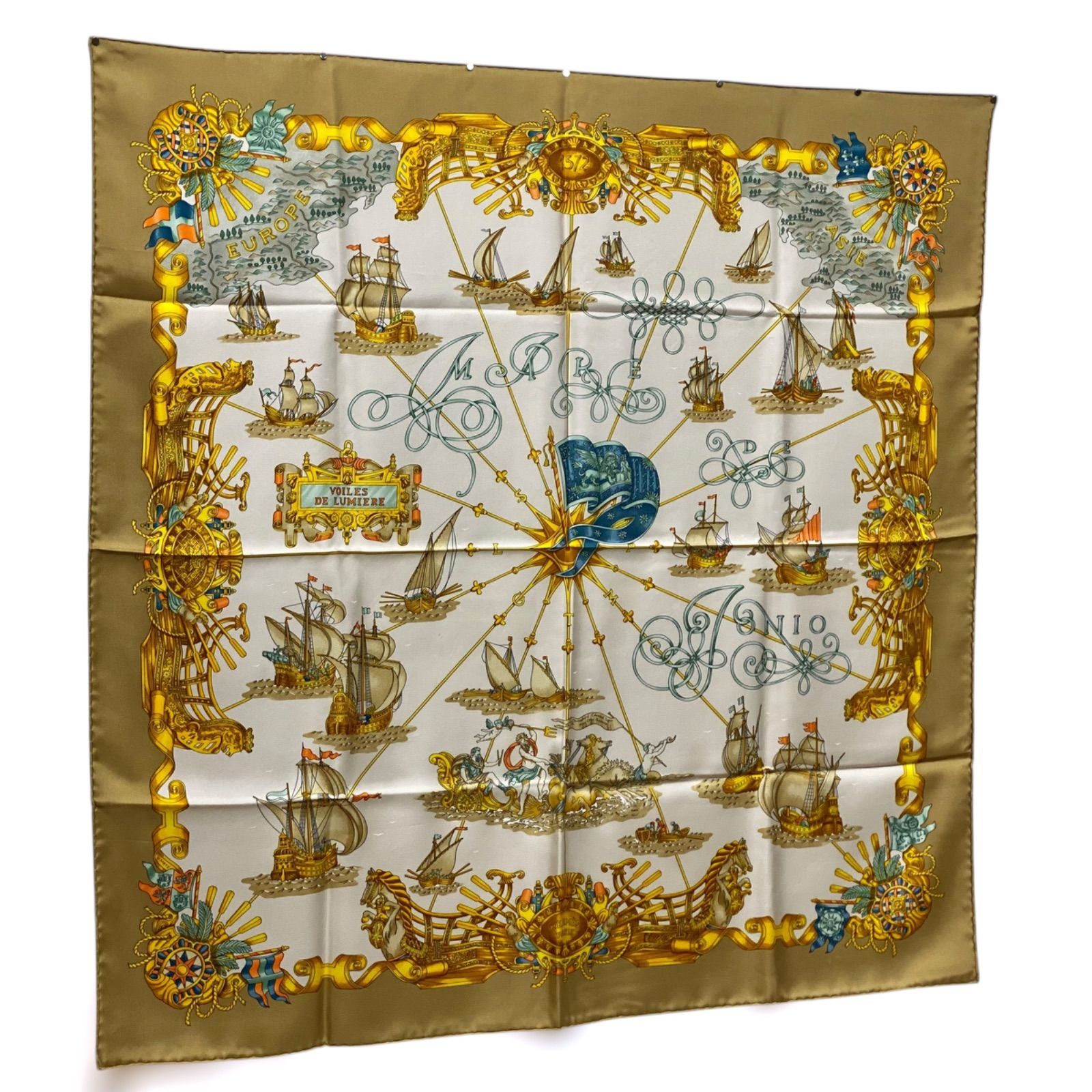 エルメス カレ90 VOILES DE LUMIERE シルクスカーフ 光の帆船 ベージュ
