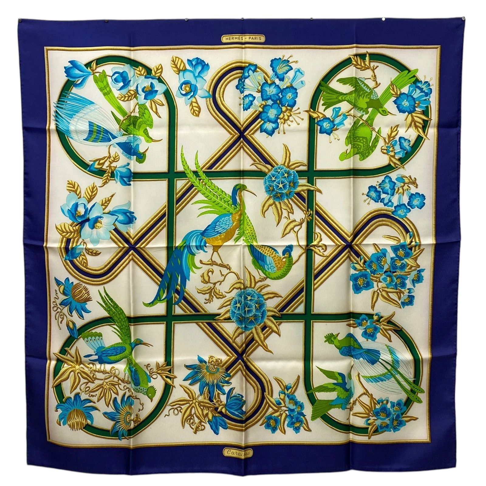 エルメス カレ90 Caraibes シルクスカーフ カリブ鳥 ブルー×マルチ