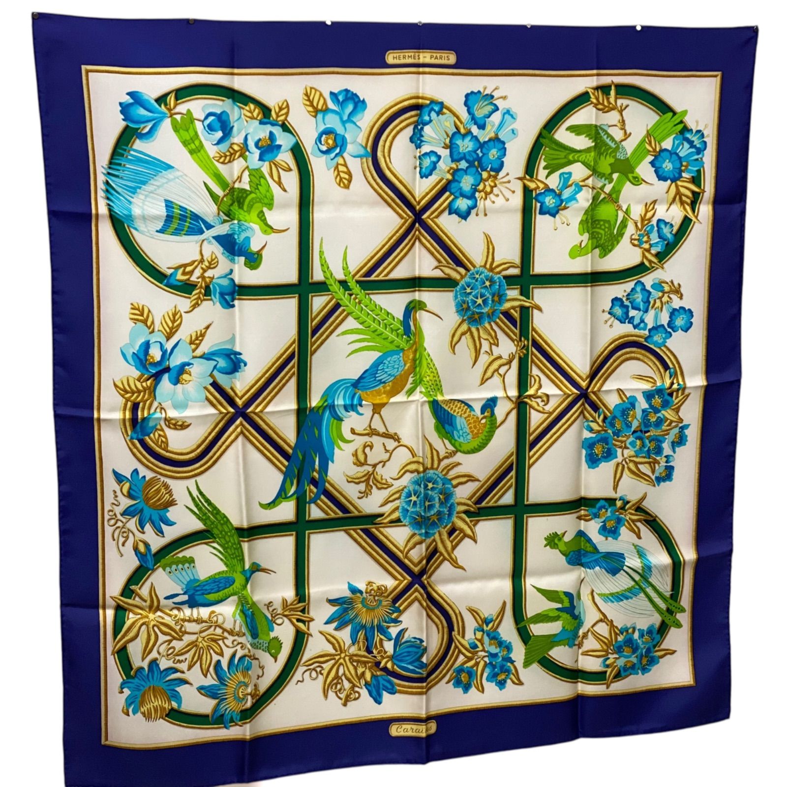 エルメス　HERMES　カリブ鳥　Caraibes　スカーフ　シルク　レトロ エルメス カレ90 Caraibes シルクスカーフ カリブ鳥 ブルー×マルチ