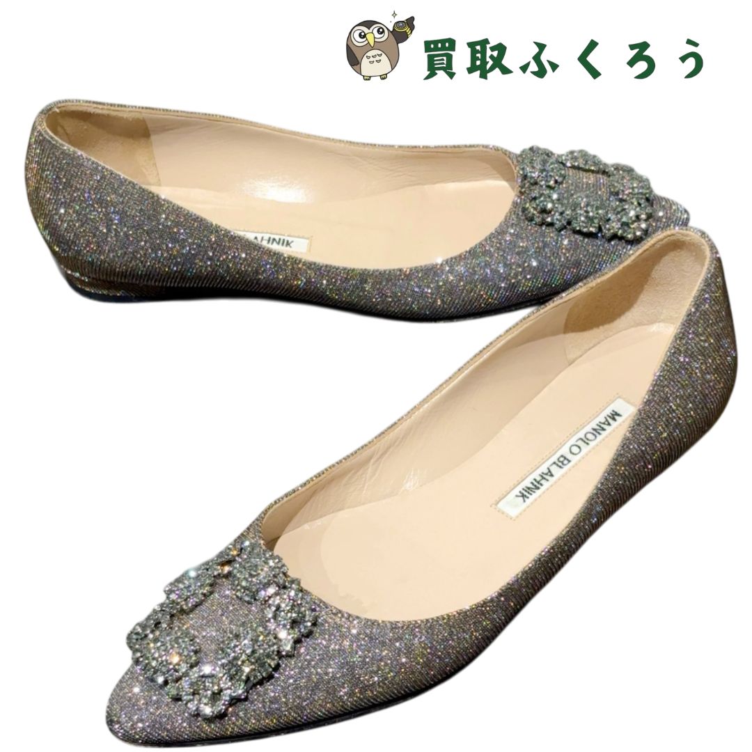 Manolo Blahnik MANOLO BLAHNIK Hangishi Silver Fabric Glitter Flat Pumps Size 36 Glitter Jewel Buckle