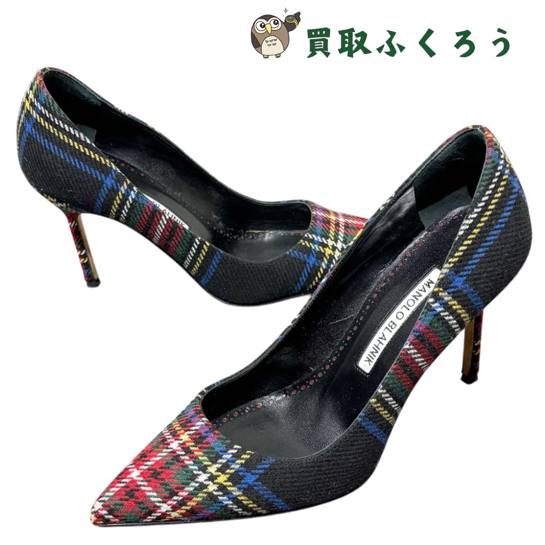 美品 マノロブラニク チェック パンプス 美品】マノロブラニク MANOLO BLAHNIK チェック柄パンプス サイズ36