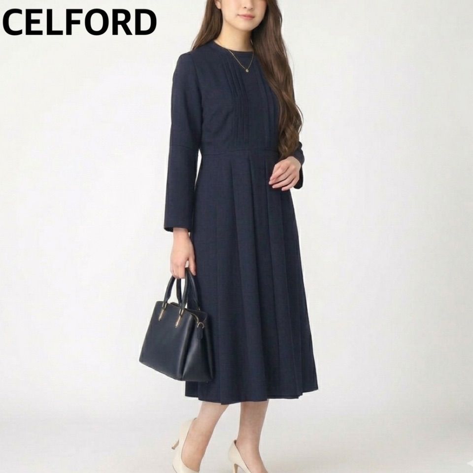 セルフォード CELFORD 上品 バックサテンプリーツワンピース ロング丈