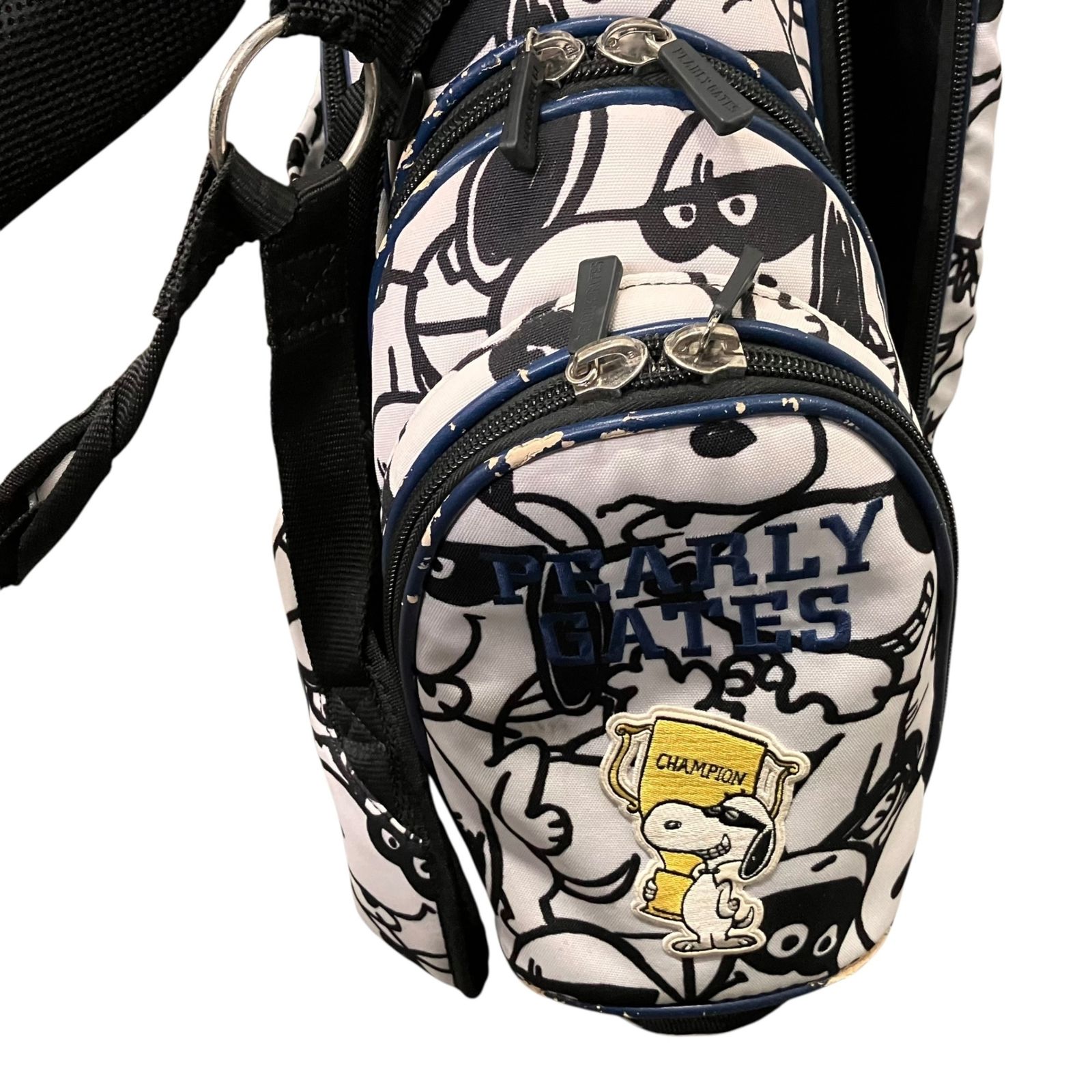  PEARLY GATES キャディバッグ スヌーピー ピーナッツ 総柄 ゴルフバッグ 口枠5分割 使用感あり フチ剥がれあり ロゴ刺繍2423500 2423500 ドライバー ゴルフバッグ キャディバッグ ゴルフ