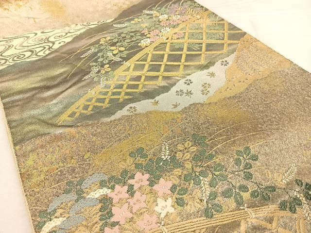 平和屋着物▽西陣 平和屋着物□西陣 服部織物謹製 六通柄袋帯 風景絵皿