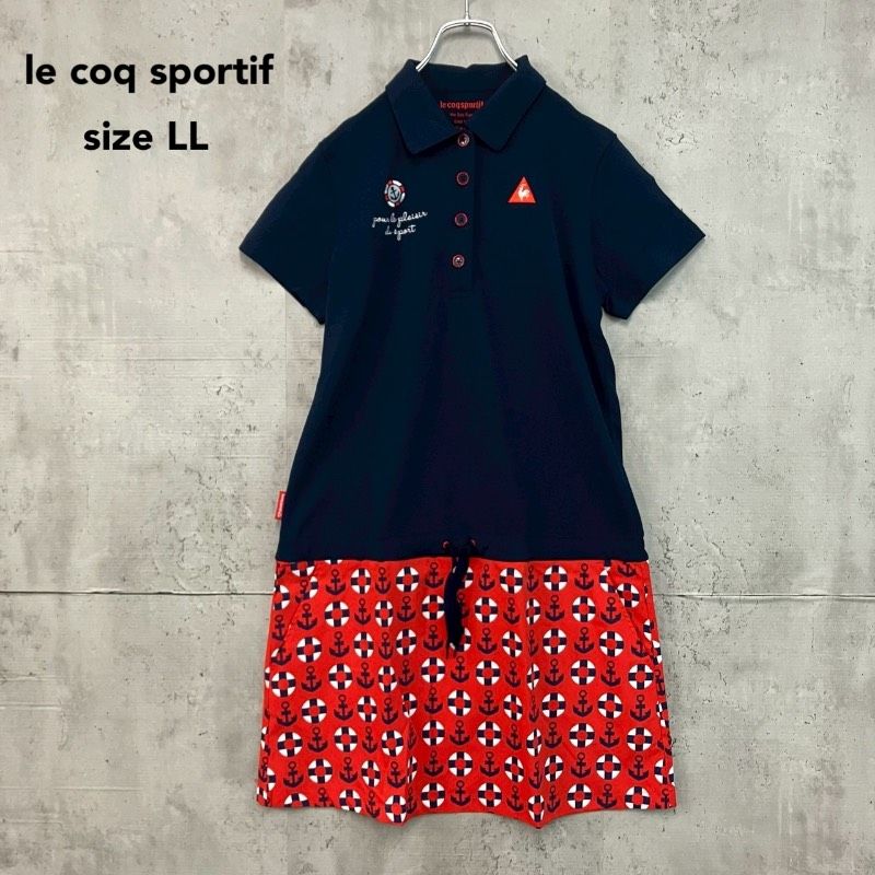 【ルコックスポルティフ】ゴルフ 切り替え ワンピース 錨 マリン柄 M 紺×赤 le coq sportif ルコックスポルティフ ゴルフウェア ワンピース