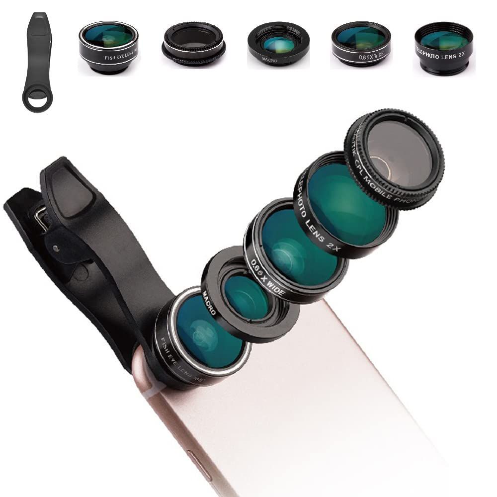 【在庫セール】Glvaner スマホ用カメラレンズ 広角レンズ マクロレンズ 魚眼レンズ 望遠レンズ 星形フィルタ 5in1レンズセット クリップ式 外付けカメラ 撮影キット 簡単装着 携帯レンズ 収納バック付き iphone ipad Android xpe