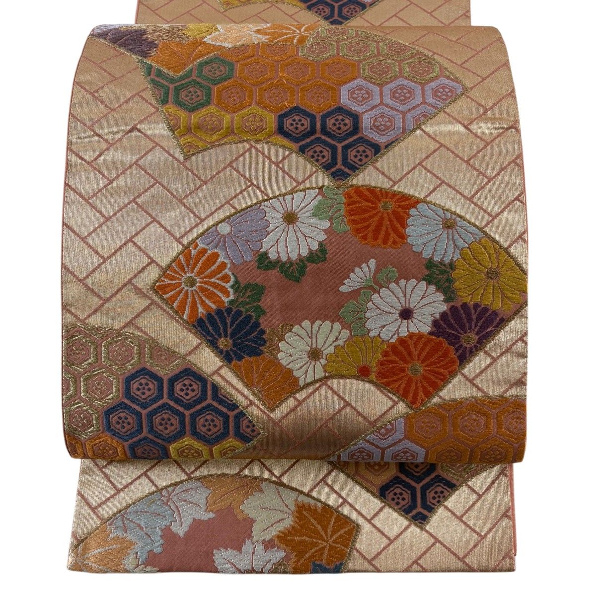 袋帯 秀品 扇面 菊 箔 唐織 サーモンピンク 六通 正絹 【中古】 - メルカリ