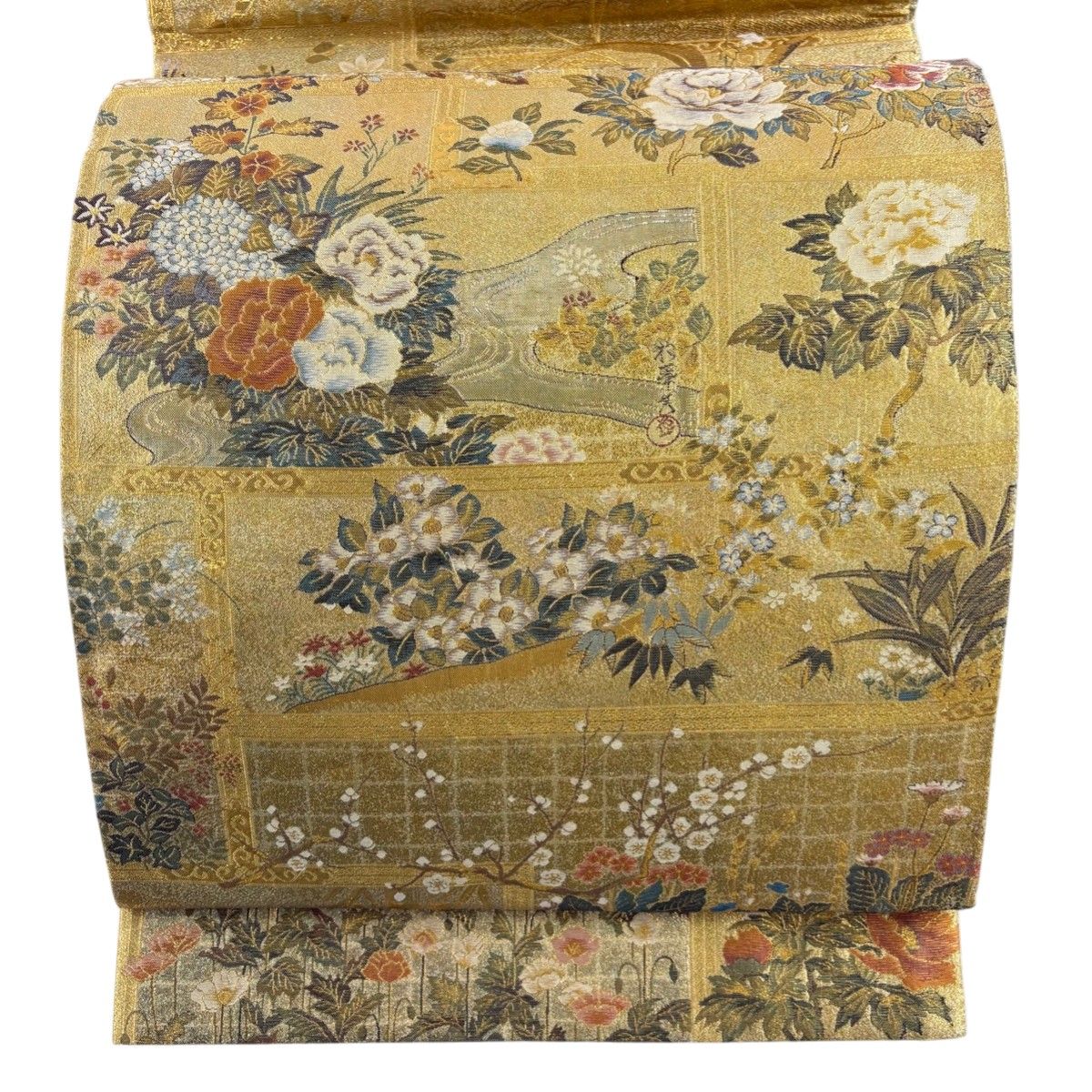 丸帯 逸品 琳派大全集 格天井 草花 箔 金色 お太鼓柄 正絹 【中古】