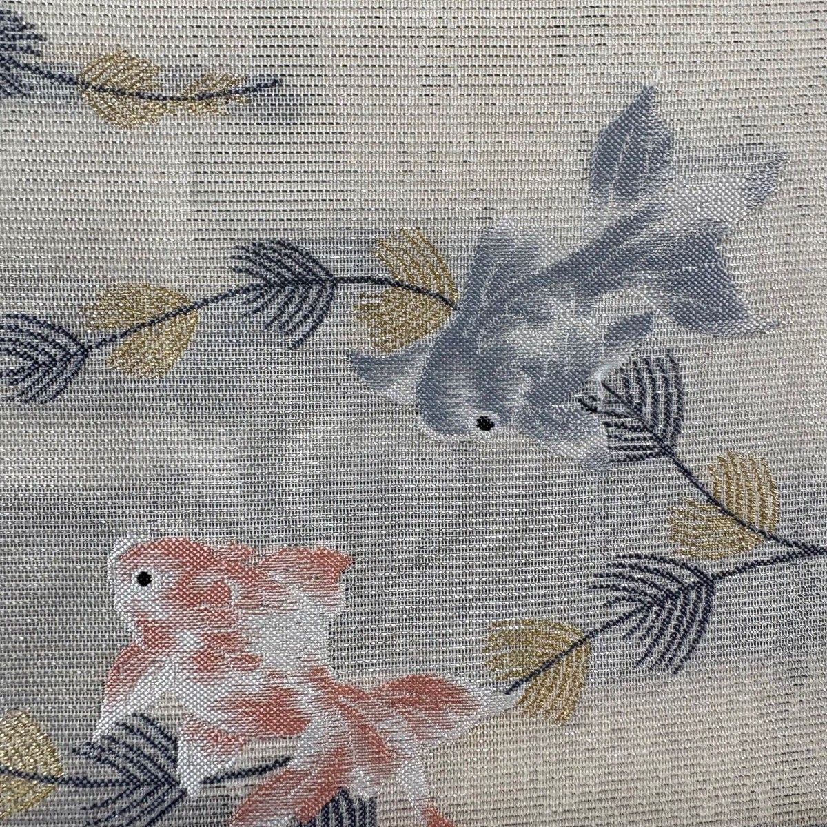 美品】 袋帯 秀品 夏帯 絽 金魚 水草 金糸 箔 クリーム 六通 正絹 