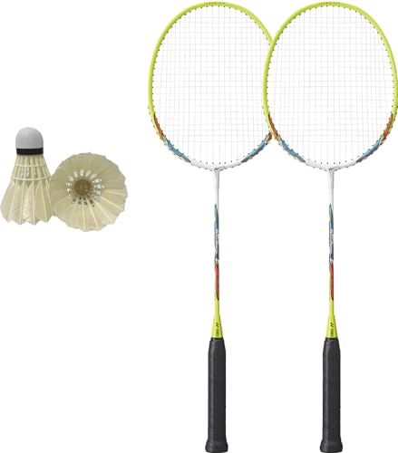 新品 バドミントン ラケット 2本組 シャトル付きセット 初心者 練習用 トレーニング 水鳥 スタンダード ヨネックス ケース ガット張り上げ済み MP2 (615ホワイト×イエロー2本＋シャトル付き)