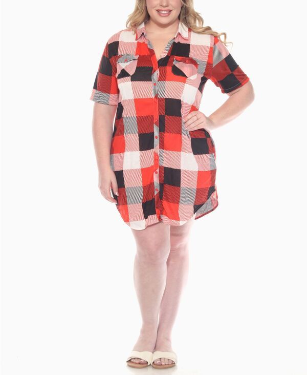 ホワイトマーク レディース トップス ワンピース シャツワンピース プラスサイズ シャツ ダウン White Mark Plus Size Short Sleeve Plaid ButtonDown Shirt Dress Red レッド