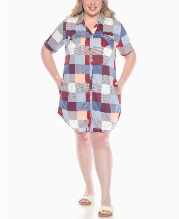 ホワイトマーク レディース トップス ワンピース シャツワンピース プラスサイズ シャツ ダウン White Mark Plus Size Short Sleeve Plaid ButtonDown Shirt Dress Blue ブルー