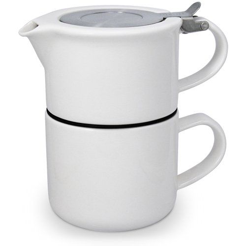 新品 フォーライフ マグカップ & ティーポット 陶器 白 414ml 2杯用 茶こし付き 食洗機対応 蓋が落ちない 片手で注げる ホワイト ティーフォーワン 347Wht