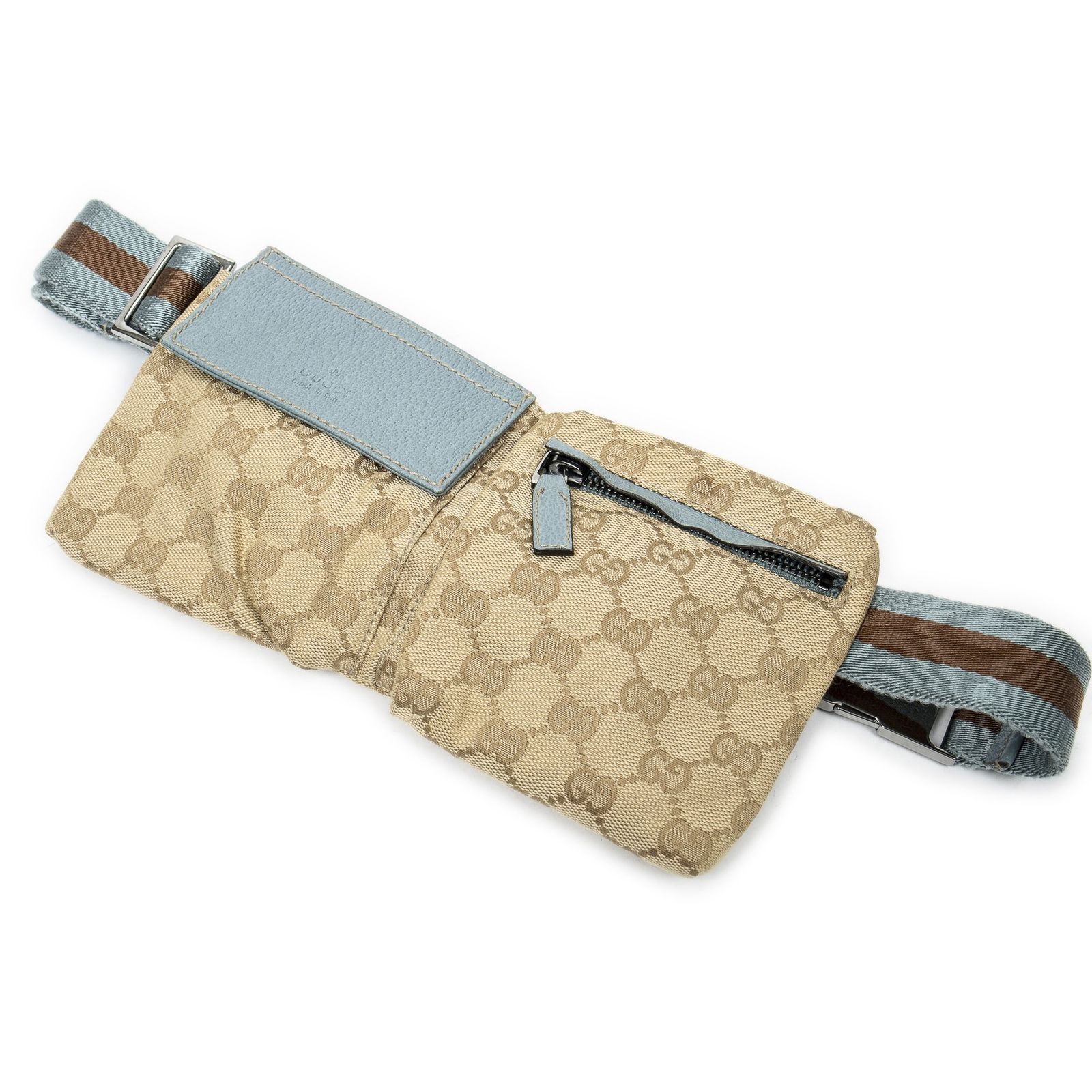中古] GUCCI グッチウェブミニウエストポーチベージュ、水色GG