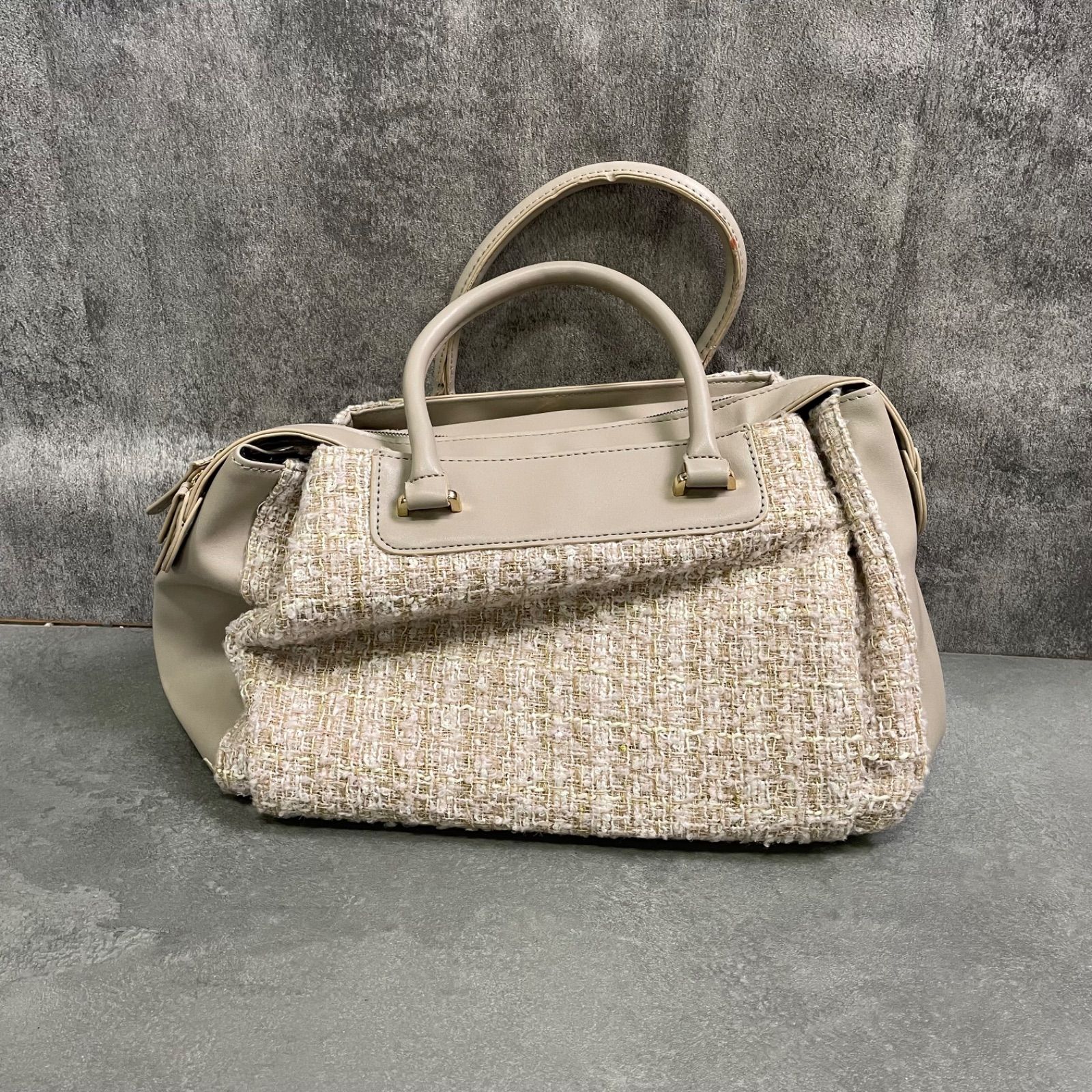 T-1026】レディース ツイード ハンドバッグ ベージュ ショルダー T-1026】レディース ツイード ハンドバッグ ベージュ ショルダー