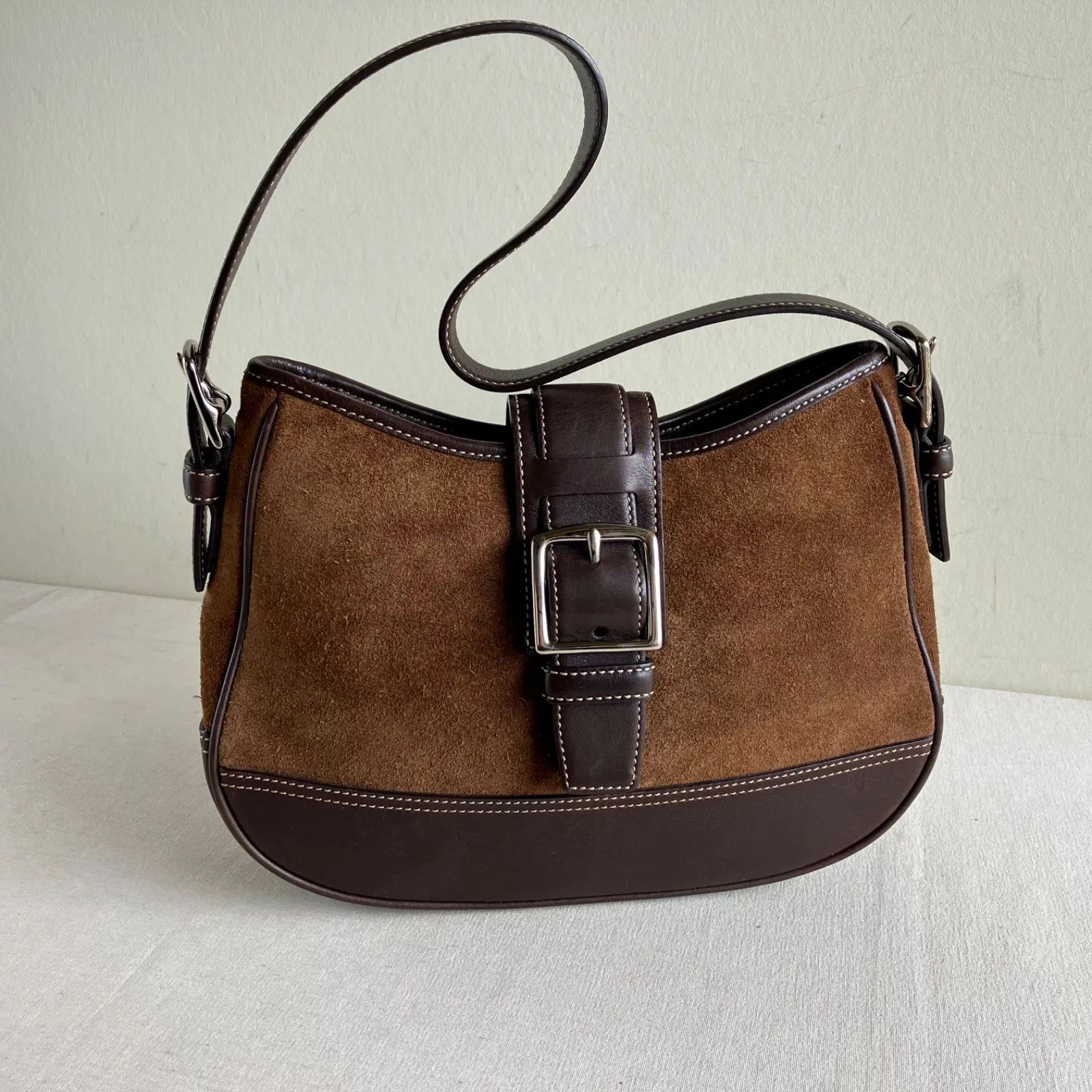 Coach Vintage Hampton Brown Suede Leather Buckle Hobo Shoulder Bag 