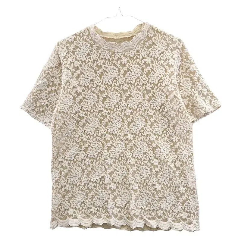 ヴィンテージ 森ガール モックネック レース フラワー ベージュ 半袖 T 