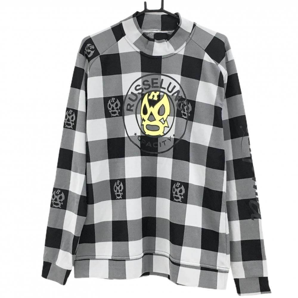 美品】ラッセルノ 長袖ハイネックシャツ グレー×黒 ブロック 美品】ラッセルノ 長袖ハイネックシャツ グレー×黒 ブロック