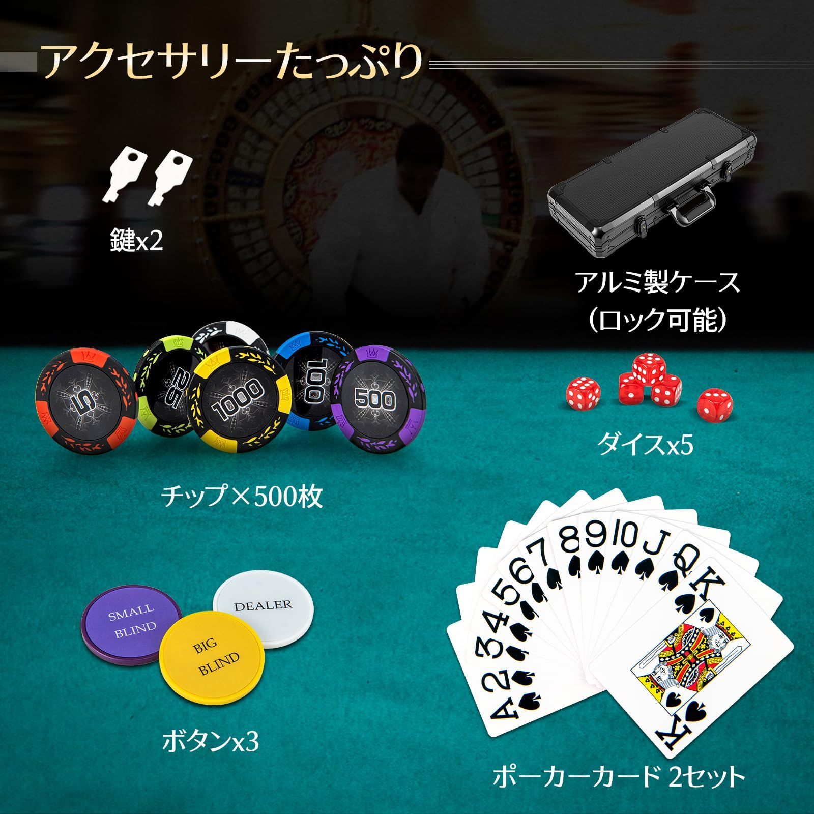 数量限定】ボタン3個 トランプ2組 ダイス5個 鍵付き カジノチップ