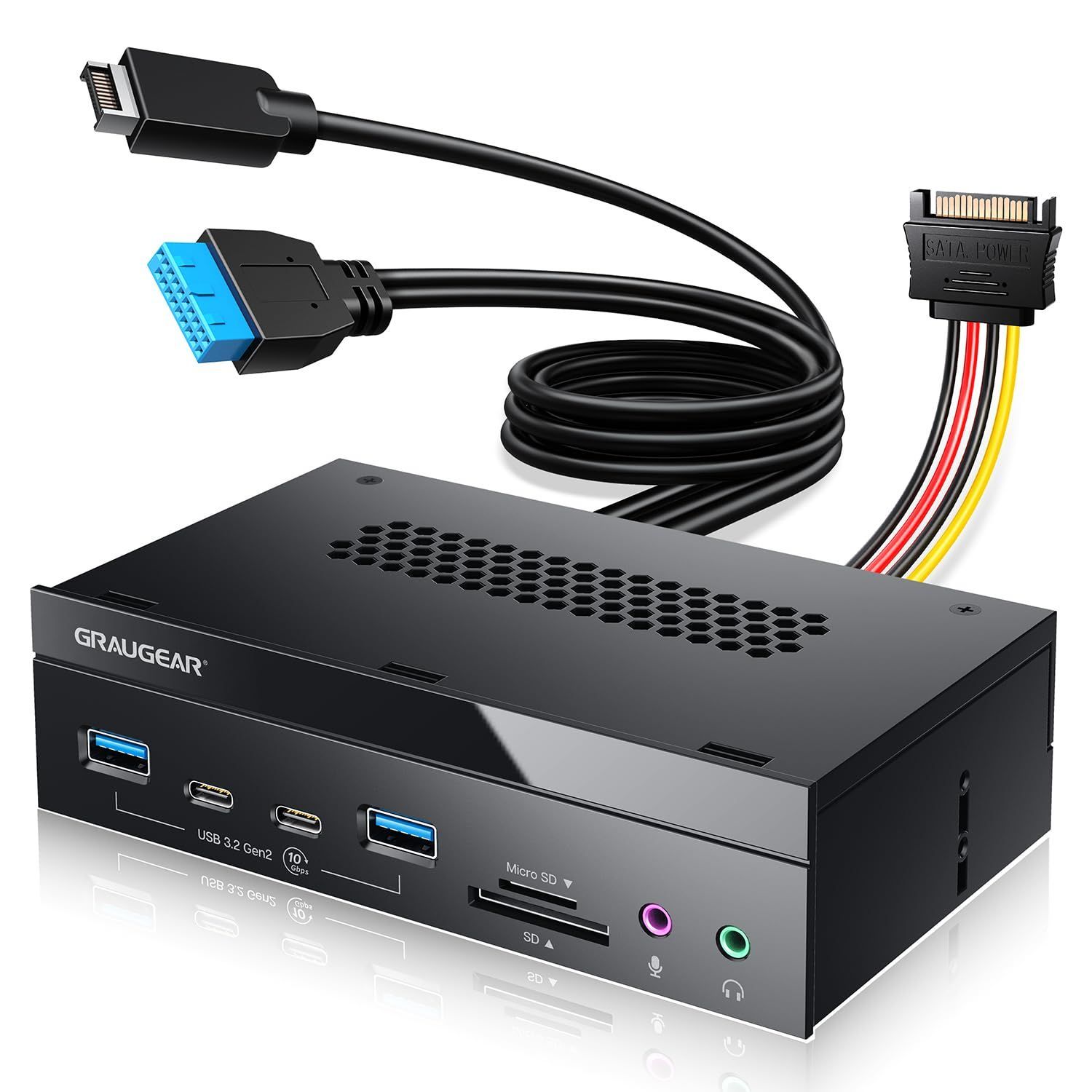 【即日発送】5.25インチ USB 3.2 GRAUGEAR PCフロントパネルカードリーダー｜オーディオポート付き｜SD/microSD内部カードリーダー｜USB3.2 Type-E Key-A 20ピンヘッダー＆USB3.0ヘッダー＆15ピンSATA電源コ