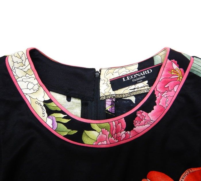 LEONARD レオナール/花柄 肩パット クルーネックカットソー/サイズM レッド×ブラック 長袖/トップス/レディース/FB3172 LEONARD レオナール/花柄 肩パット クルーネックカットソー/サイズM