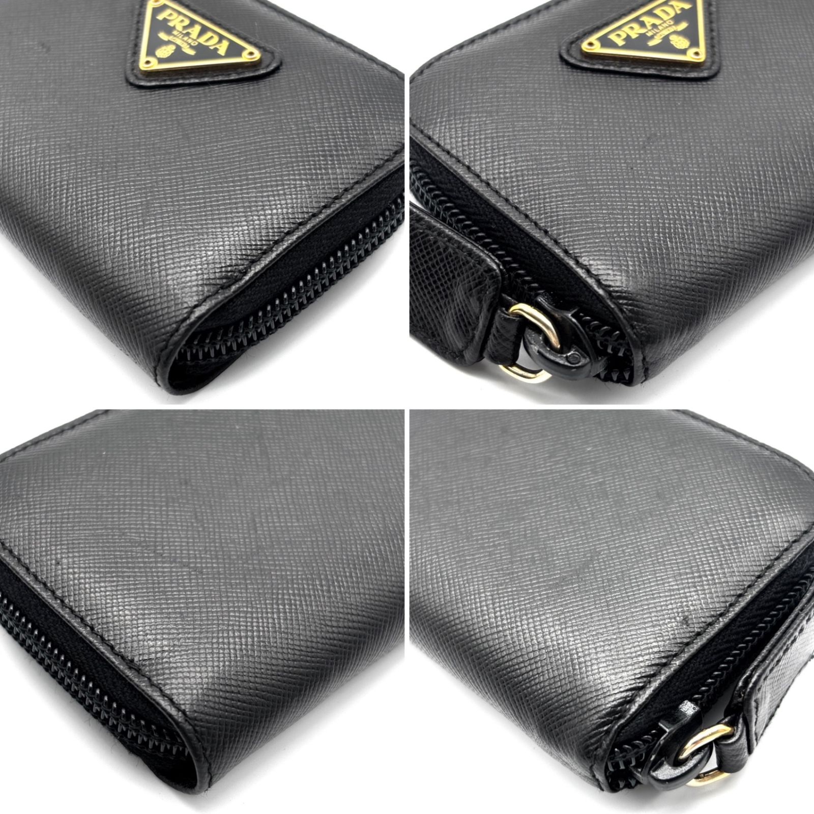 ✨現行✨　PRADA ケース 小銭入れ ブラック サフィアーノ　三角ロゴ 未使用に近い PRADA コインケース 三角プレート サフィアー ラウンド