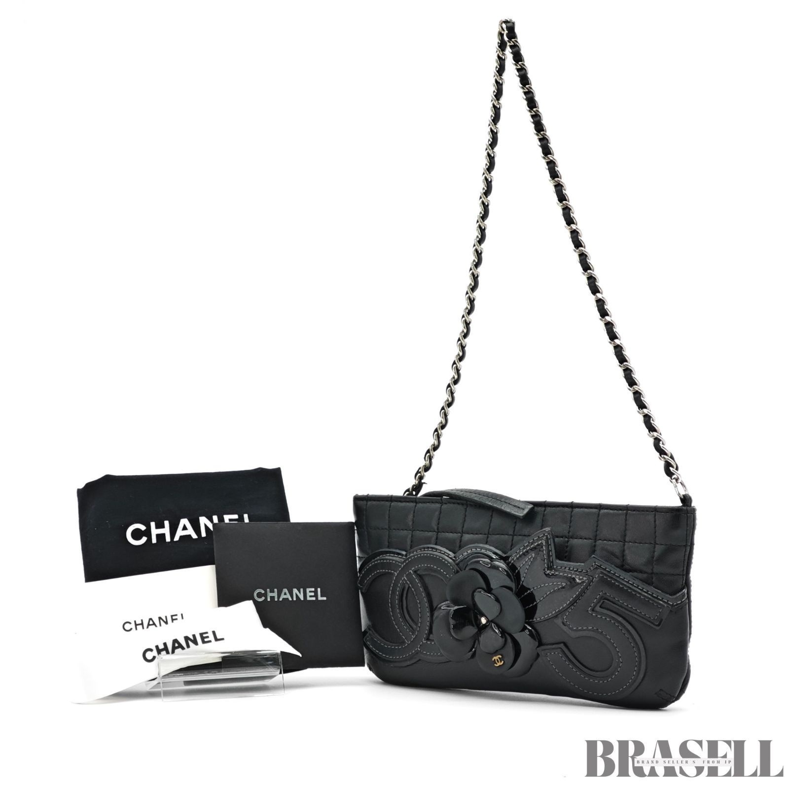 CHANEL シャネル 黒 レザー ロゴ入り チェーンショルダー ラムレザー CHANEL シャネル 黒 レザー ロゴ入り チェーンショルダー ラムレザー