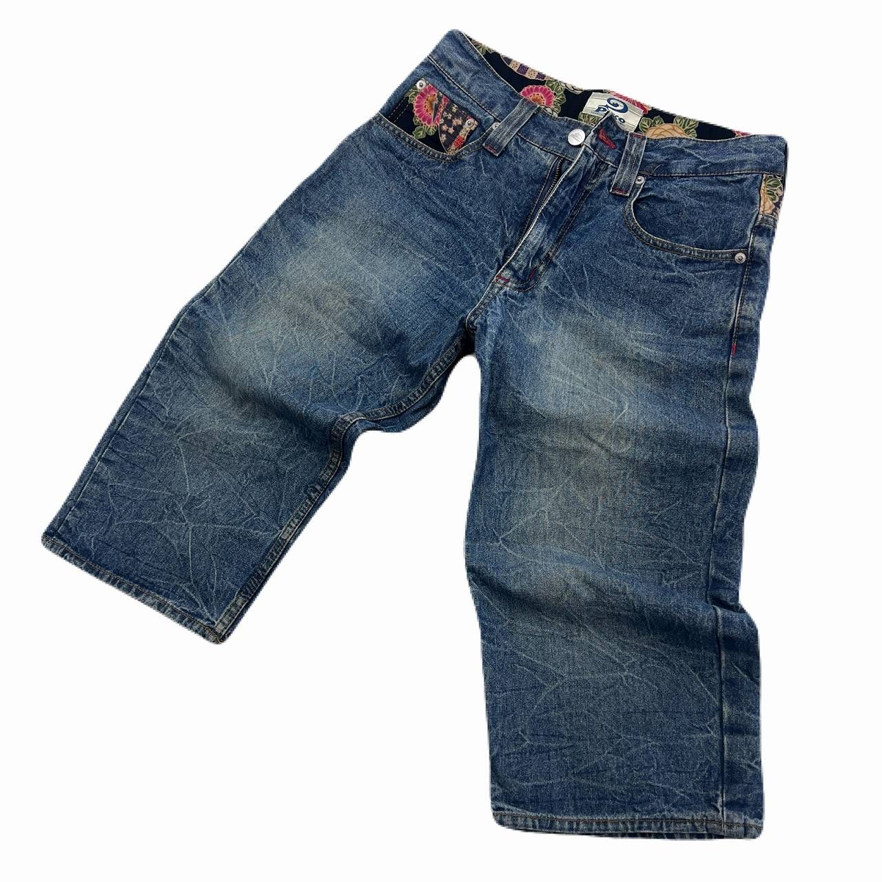 ピコ デニムハーフパンツ メンズ Sサイズ 和柄 花柄 膝丈 サーフ 90s 
