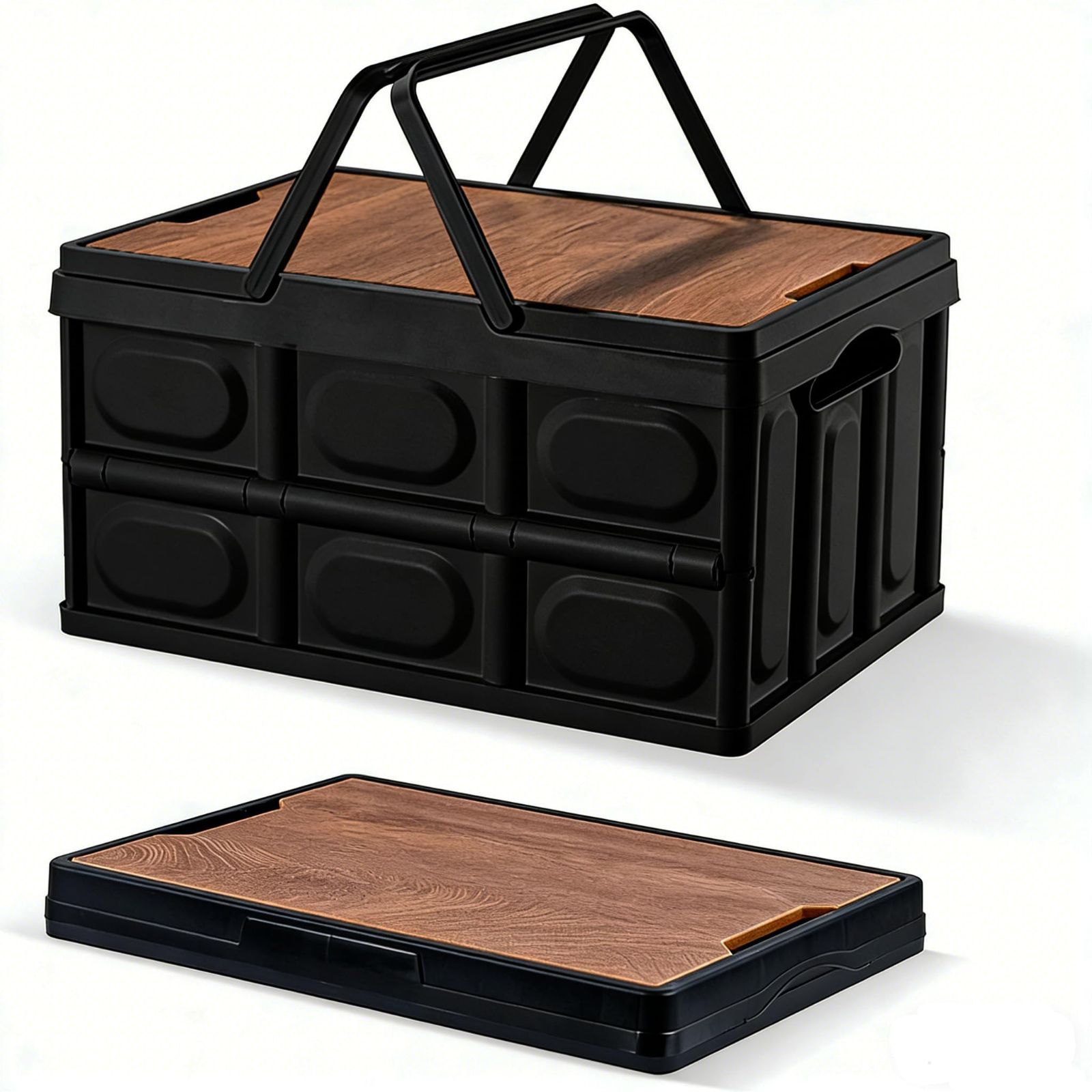 [SAME DAY SHIPPING] 35L Foldable Storage Box, Camping Gear, Wooden Lid with Handle, Outdoor Box, Container Box, Camping, Foldable, Easy to Assemble, Strong Load Capacity, Heavy Capacity, 35L Car Storage, Black