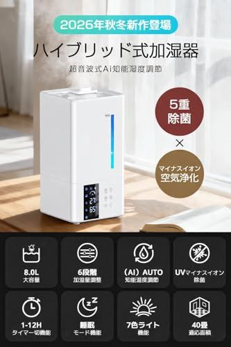 2026新モデル・AI自動湿度調節・5重除菌】加湿器 8L大容量 
