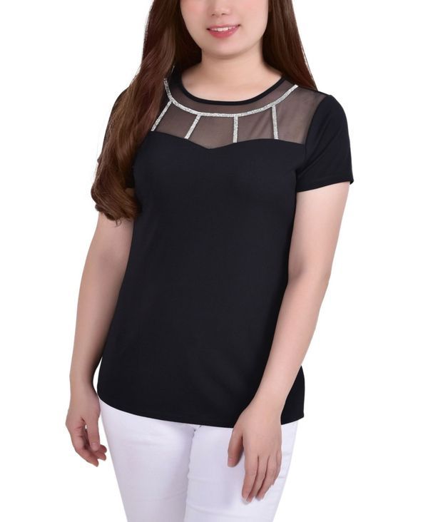 ニューヨークコレクション レディース トップス シャツ クレープ プチ ニット NY Collection Petite Short Sleeve Crepe Knit Top Black ブラック