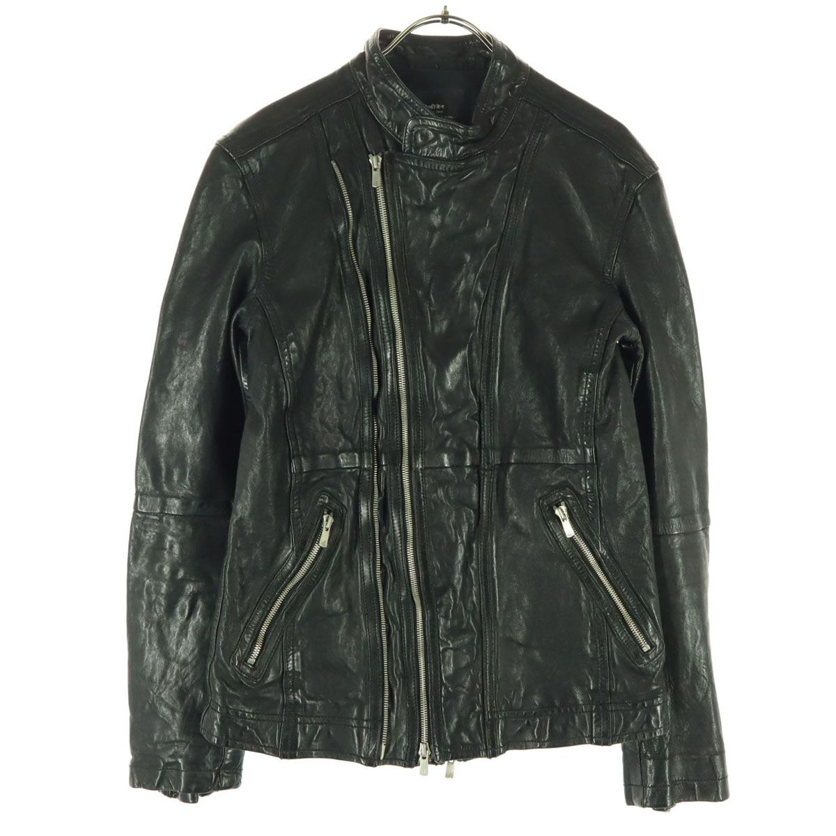 美品】 Cathy Jane シュリンク加工羊革 レザージャケット 黒 1 S