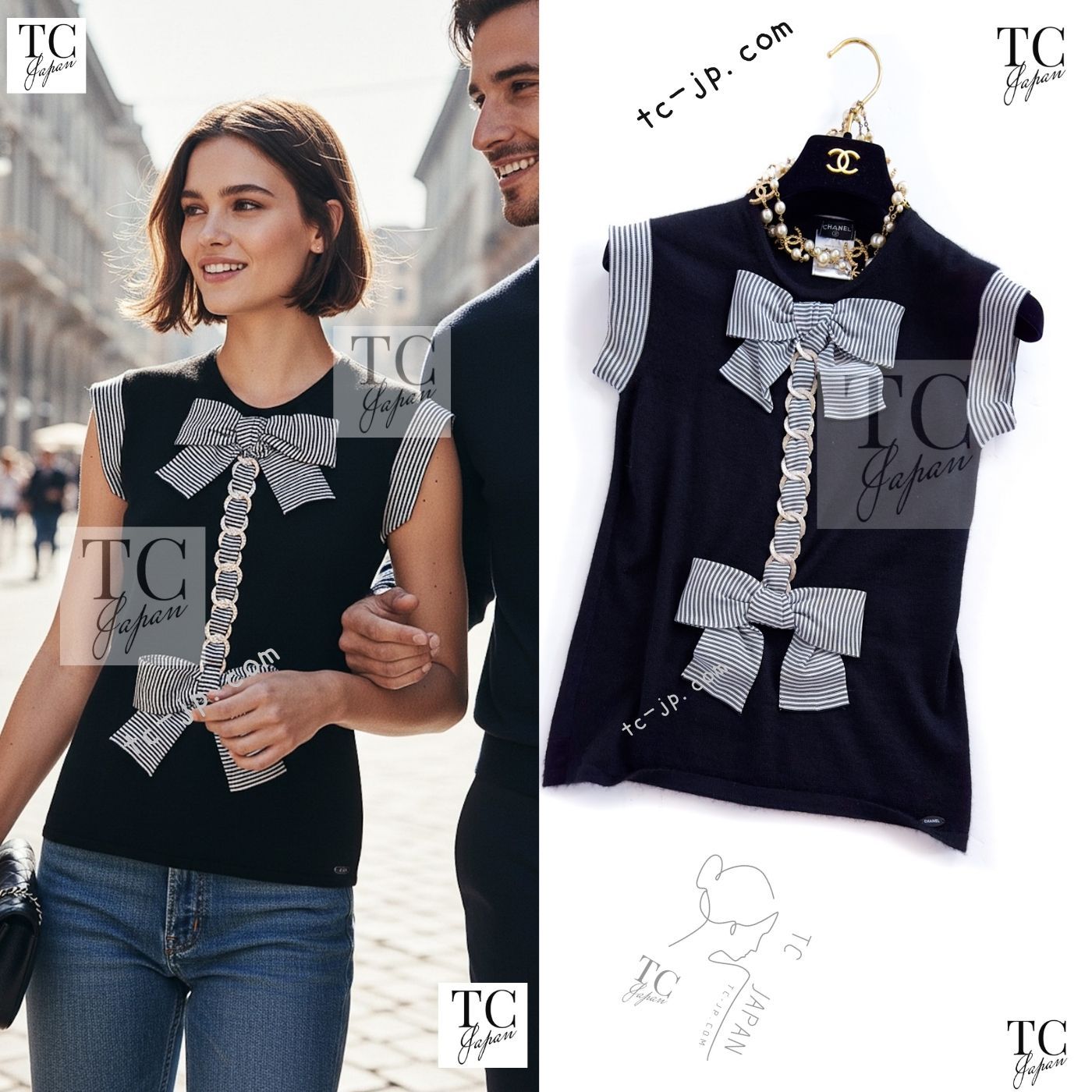 シャネル トップス CHANEL ブラック カシミア シルク セレブのリボン 