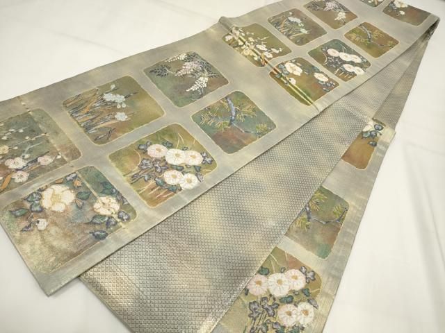 平和屋着物◎六通柄袋帯 色紙御所車花文 沈金箔 正絹 逸品
